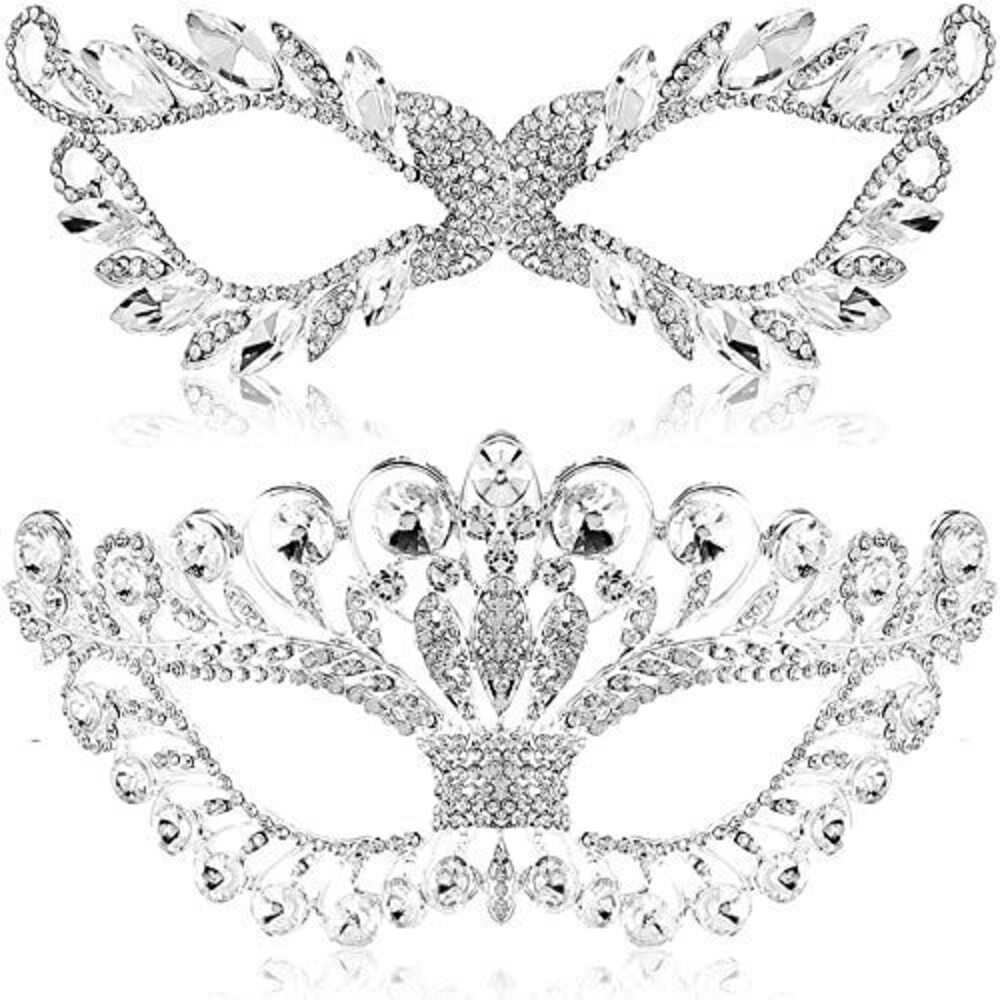 5364 2 Pieces Masquerade Mask Rhinestone Fancy Crystal Mask Venetian Party